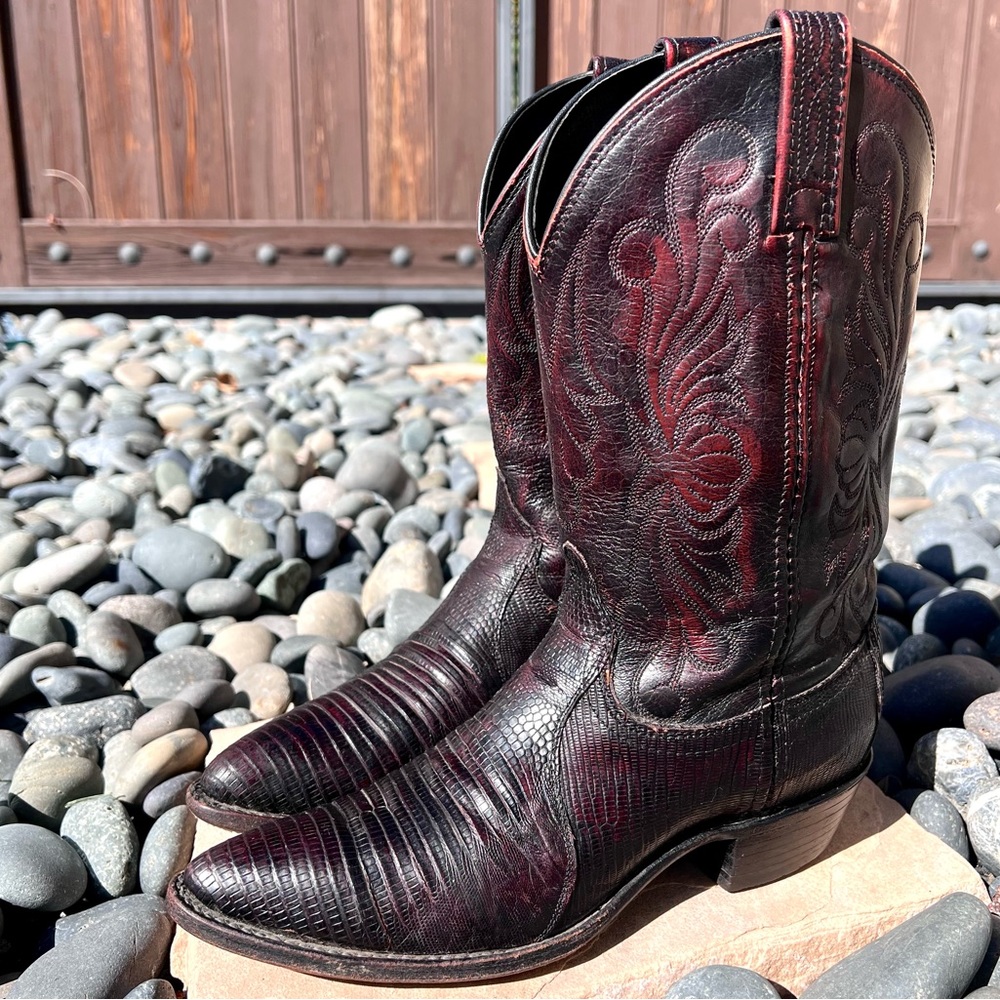 Dan Post Boots Vintage Black and Red Lizard Leather Cowboy Boots Size 7